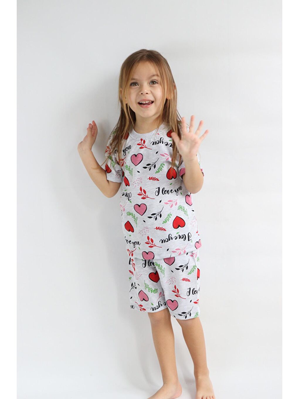 Kırmızı Kız Çocuk Gri Baskılı Şortlu Alt-Üst Basic Takım 3-10 Yaş-5