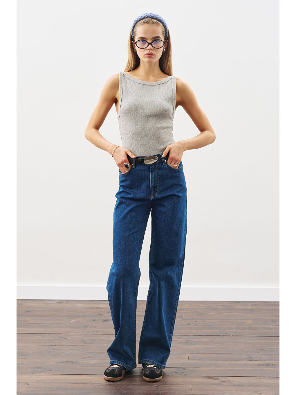 Dikiş Detaylı Geniş Denim Pantolon İndigo-4