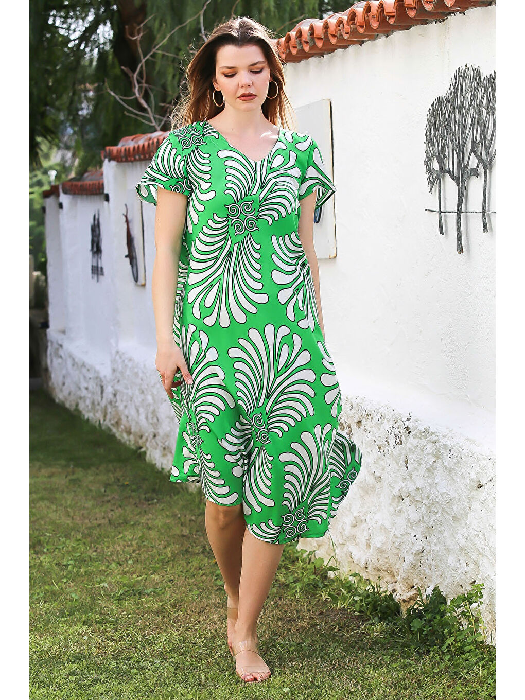 Yeşil V Yaka Düşük Kol Casual Viskon Dokuma Elbise 115 66-6