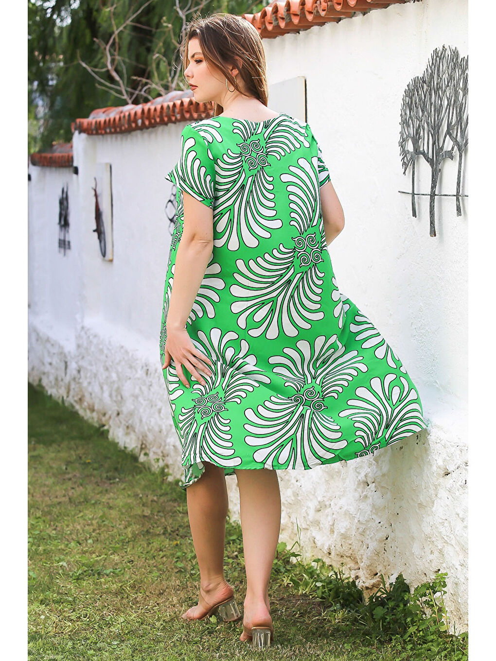 Yeşil V Yaka Düşük Kol Casual Viskon Dokuma Elbise 115 66-7