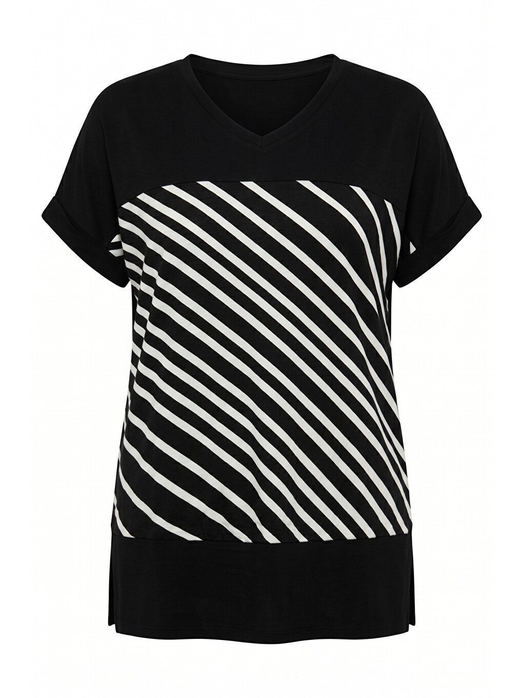 Siyah Yırtmaçlı Çizgili Bol Kalıp T-shirt-2