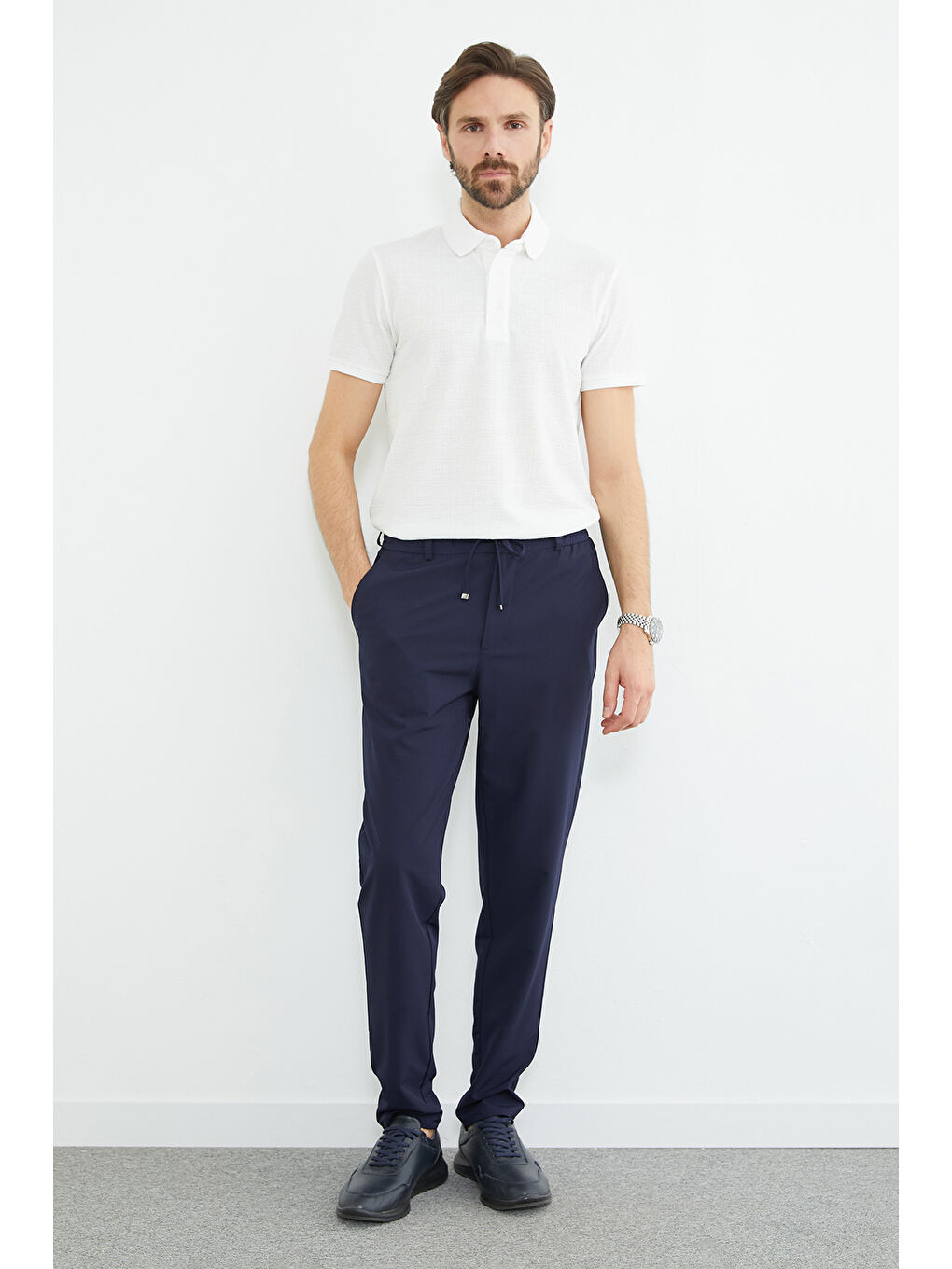 Lacivert Beli Bağcıklı Lastikli Pantolon