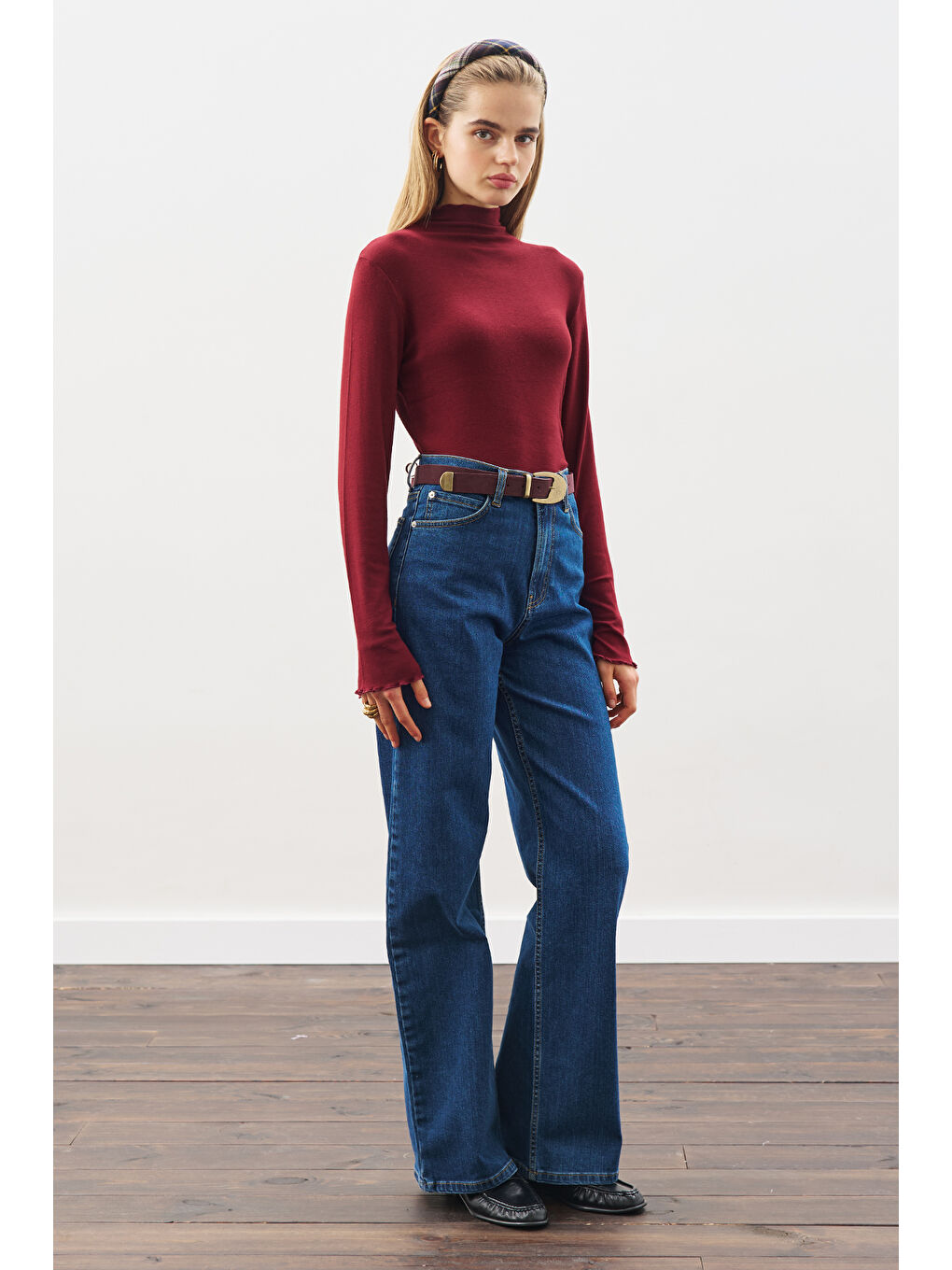 Dikiş Detaylı Geniş Denim Pantolon İndigo-5