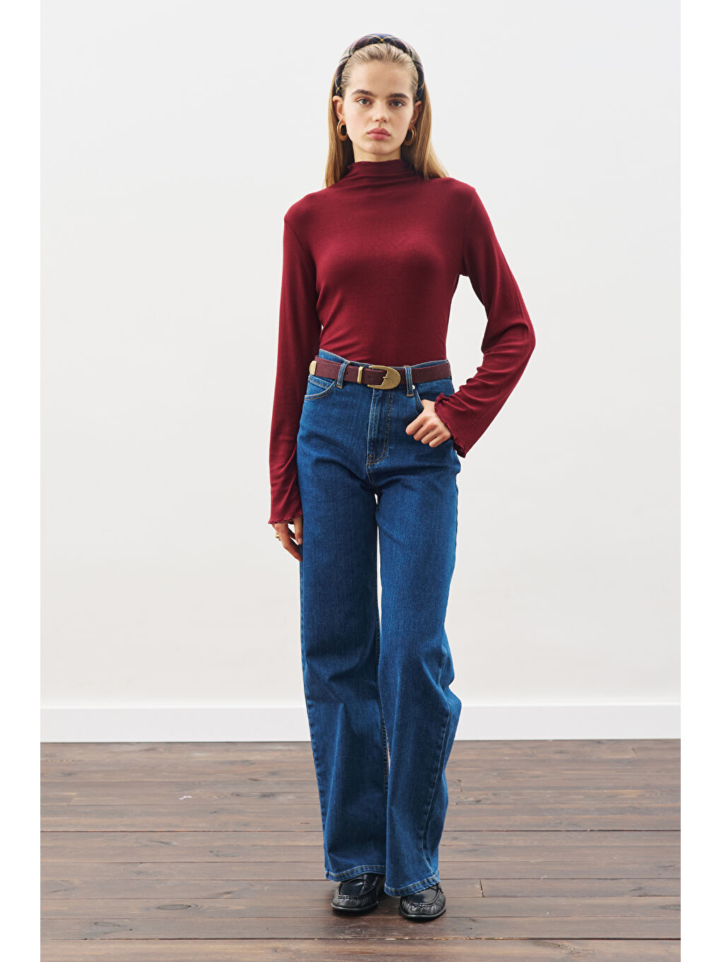 Dikiş Detaylı Geniş Denim Pantolon İndigo-6