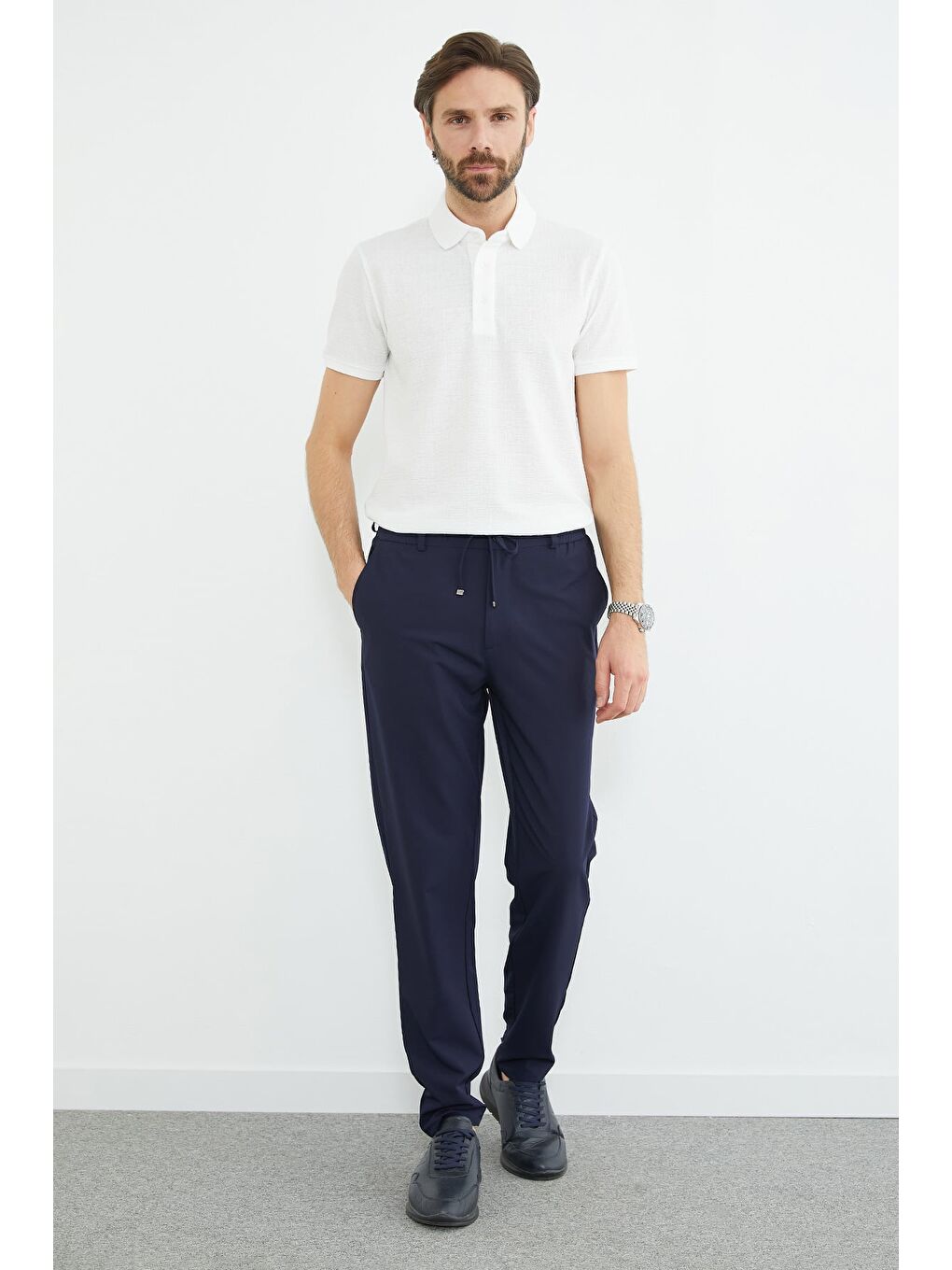 Lacivert Beli Bağcıklı Lastikli Pantolon-1