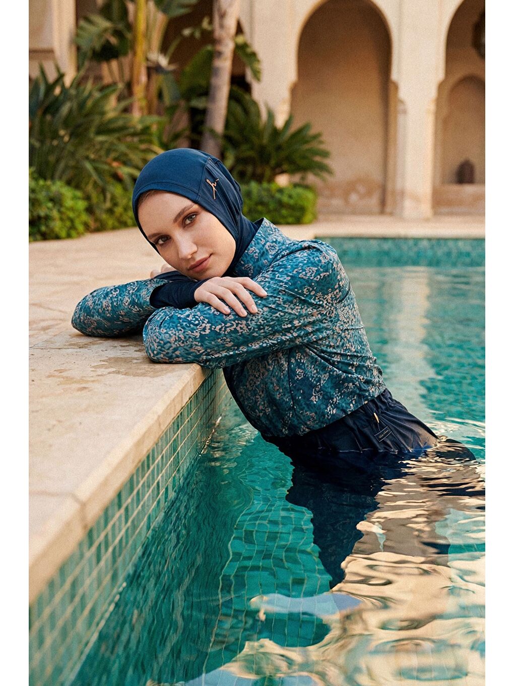 Petrol Vaha Koleksiyonu Desenli Lacivert 5 Parça Tam Tesettür Mayo Takımı 5088-1