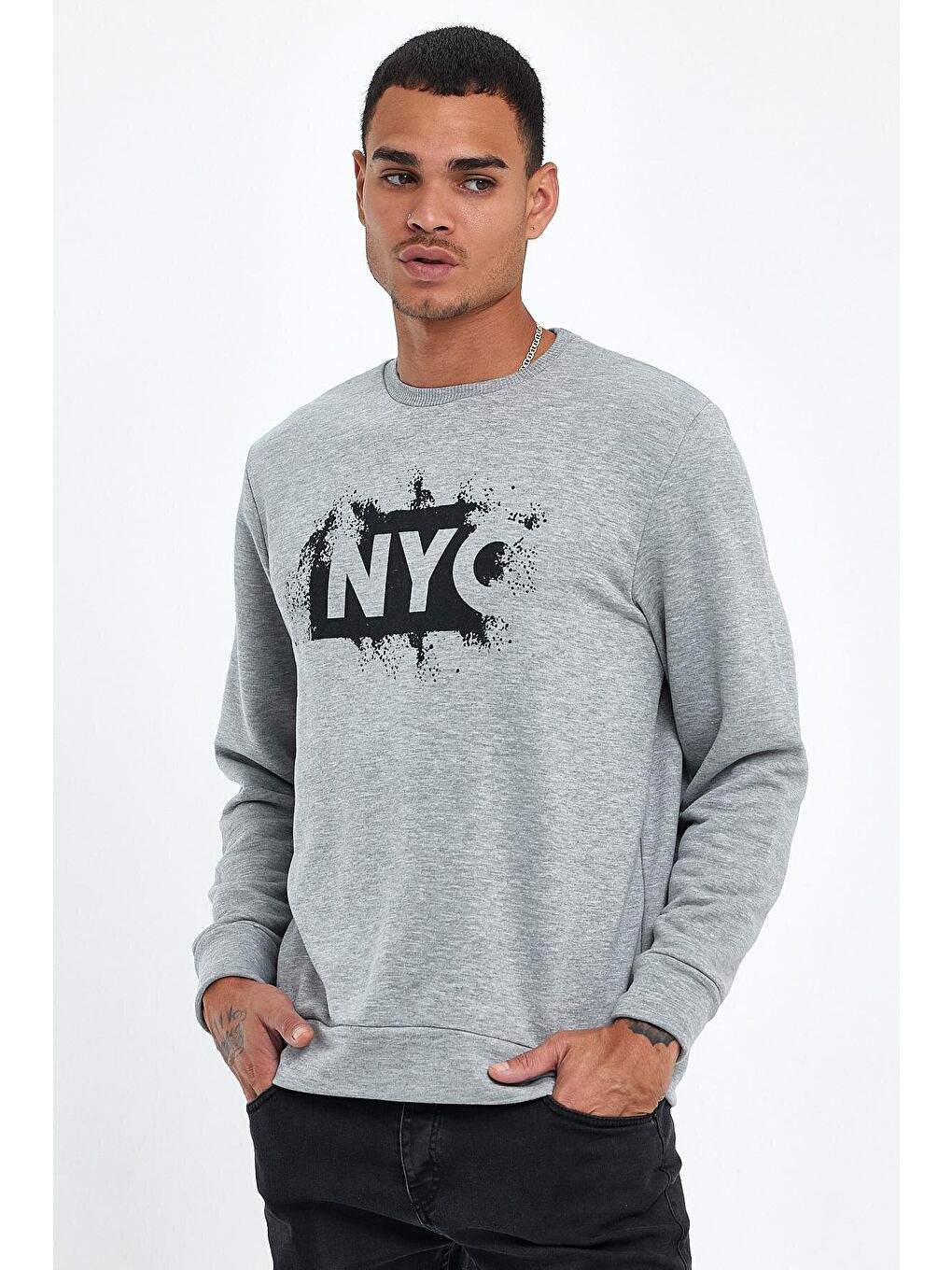 Gri Erkek Bisiklet Yaka Regular Fit 3 İplik Kalın NYC Baskılı Sweatshirt spr24sw24-1
