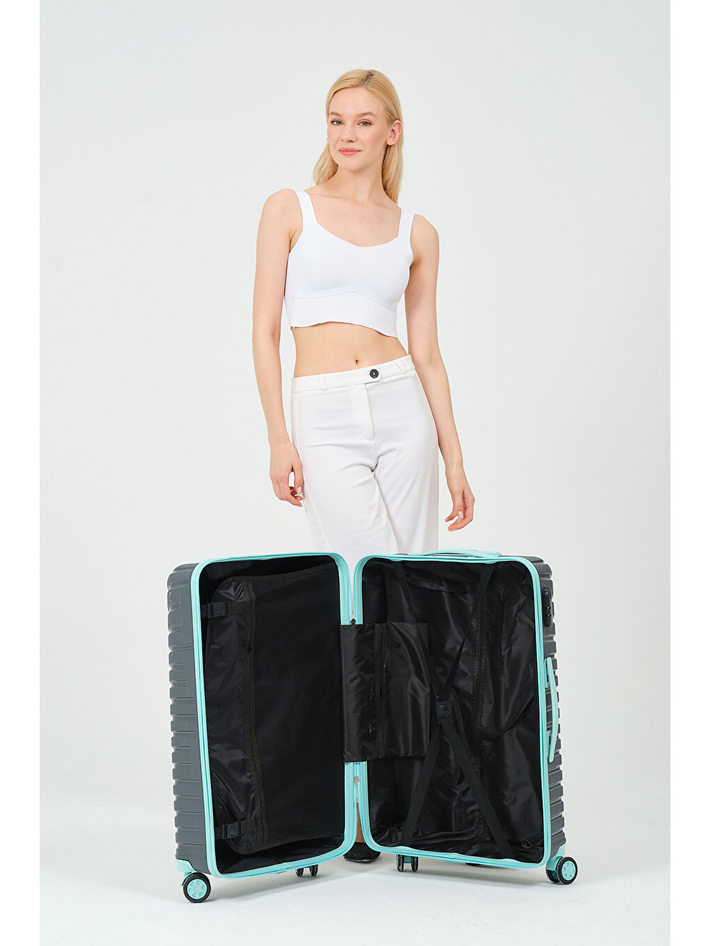 Gri Orta Boy Füme - Turkuaz PP Valiz-9
