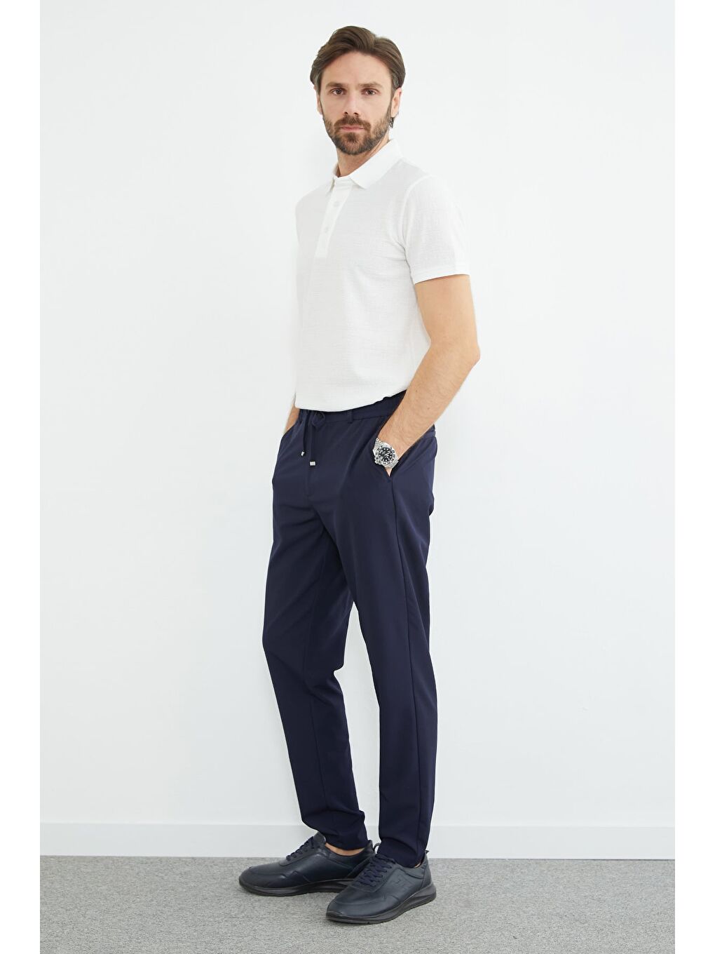 Lacivert Beli Bağcıklı Lastikli Pantolon-2