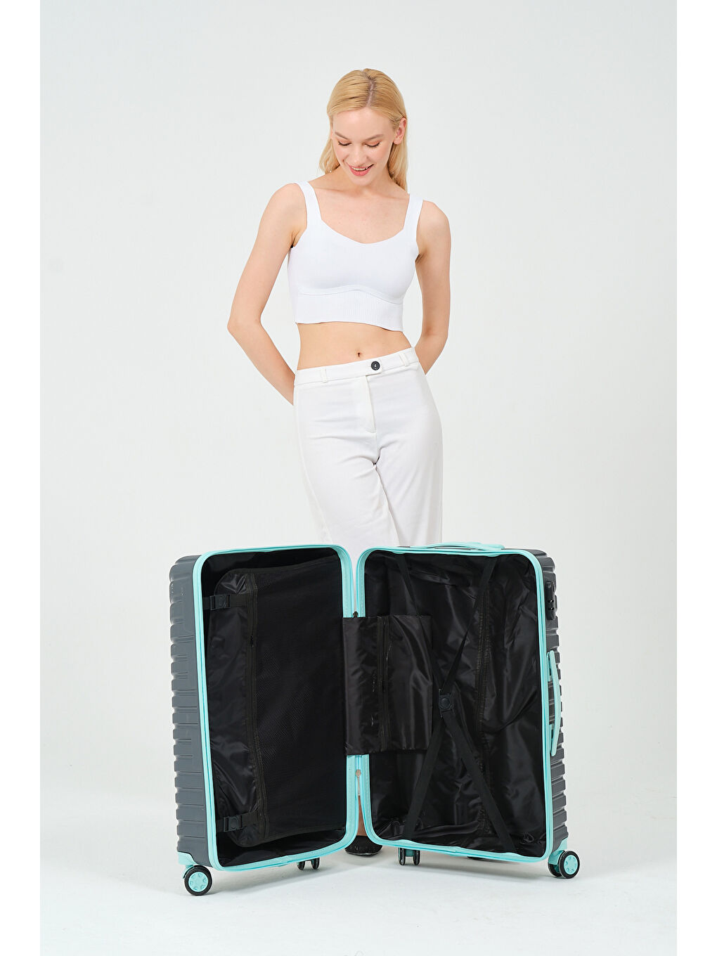 Gri Orta Boy Füme - Turkuaz PP Valiz-11