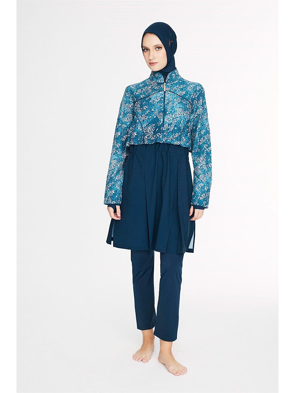 Petrol Vaha Koleksiyonu Desenli Lacivert 5 Parça Tam Tesettür Mayo Takımı 5088-2