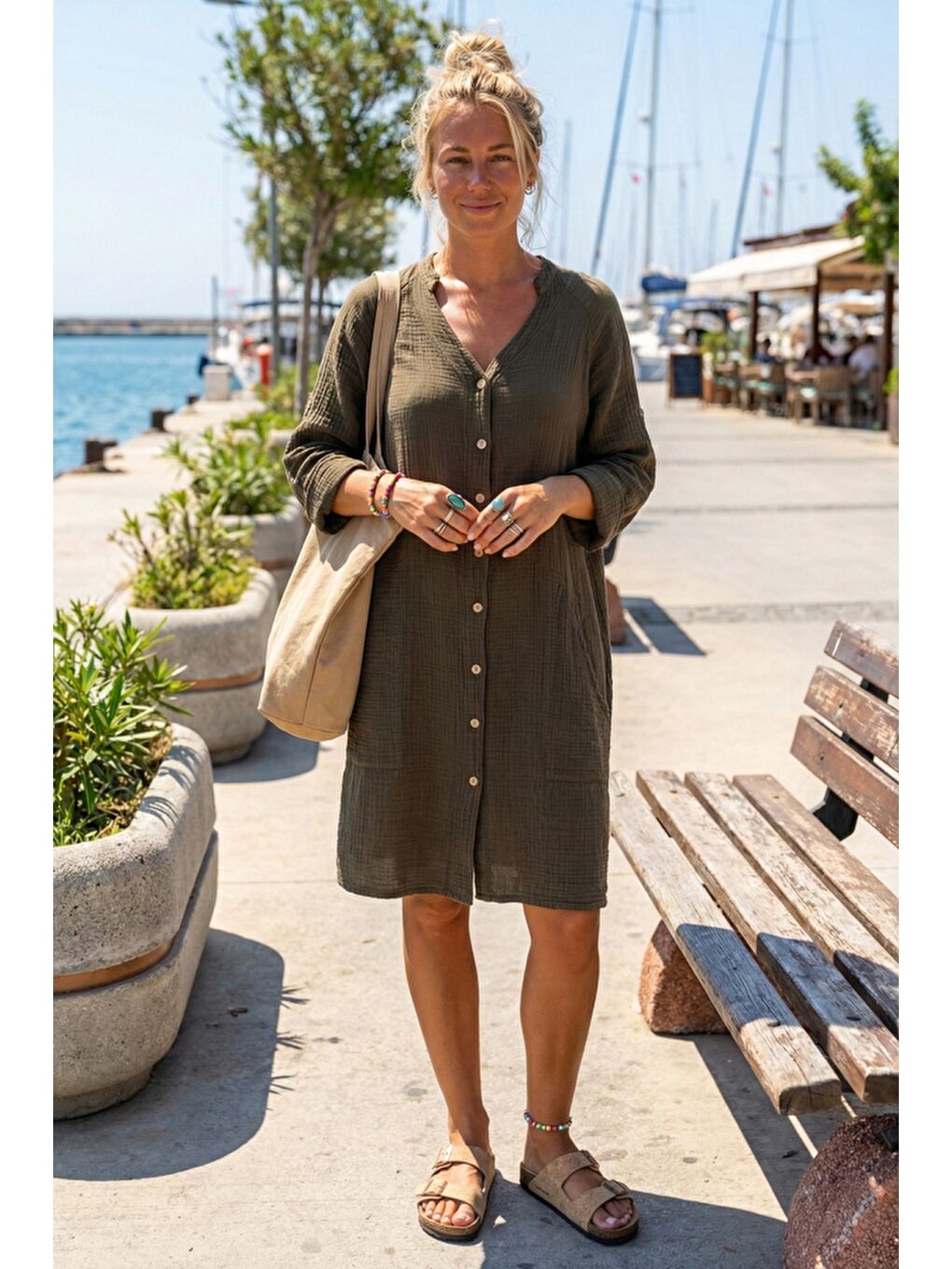 Haki Hakim Yaka Düğmeli 3/4 Kol Kanguru Cepli Casual Müslin Salaş Dokuma Elbise 102 67