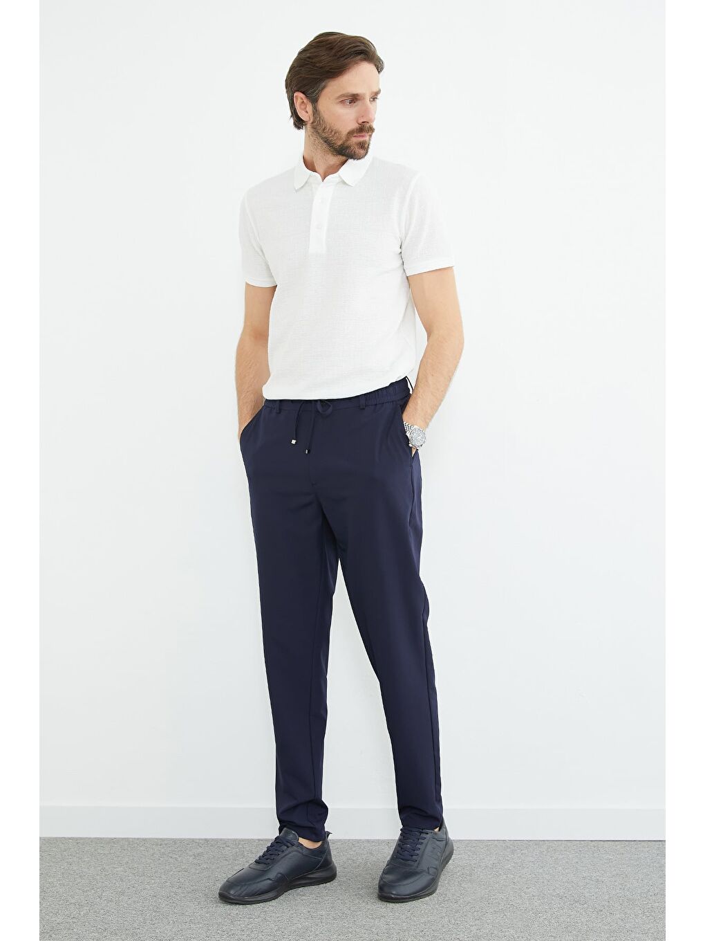 Lacivert Beli Bağcıklı Lastikli Pantolon-3