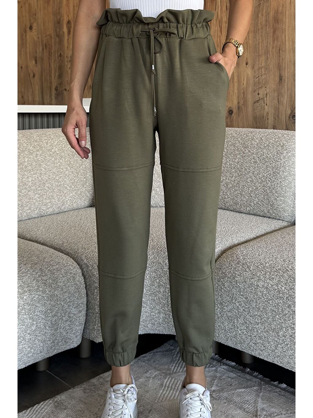 Haki Bel Ve Paça Lastikli Jogger Eşofman Altı