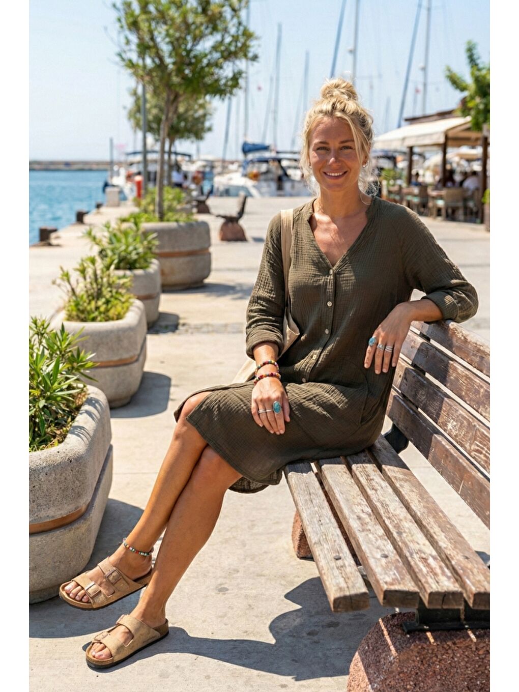 Haki Hakim Yaka Düğmeli 3/4 Kol Kanguru Cepli Casual Müslin Salaş Dokuma Elbise 102 67-1