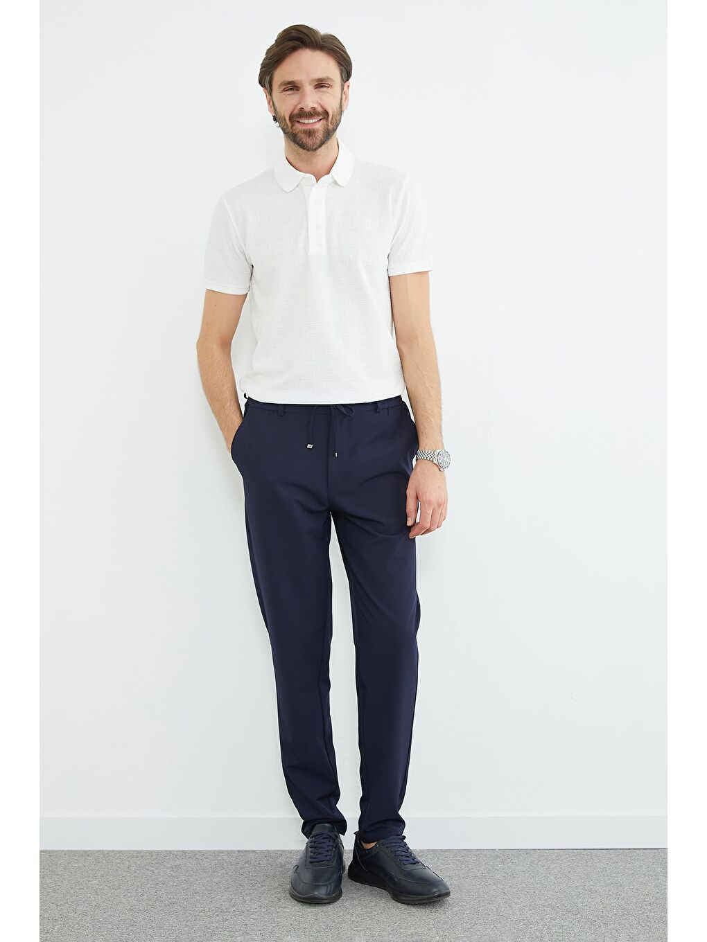 Lacivert Beli Bağcıklı Lastikli Pantolon-4