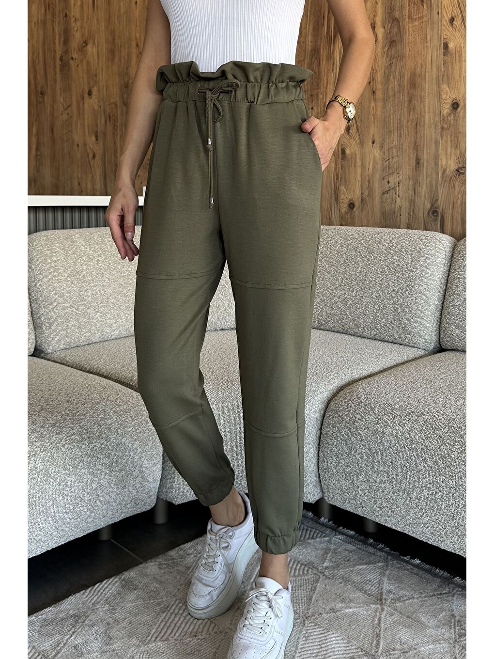 Haki Bel Ve Paça Lastikli Jogger Eşofman Altı-1