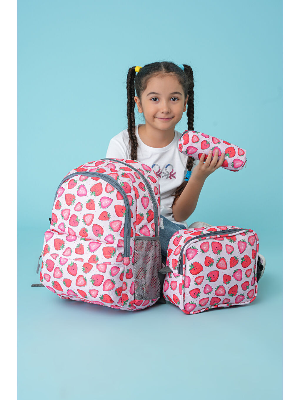 Çilek Desenli 3'lü İlkokul Çanta Seti-7