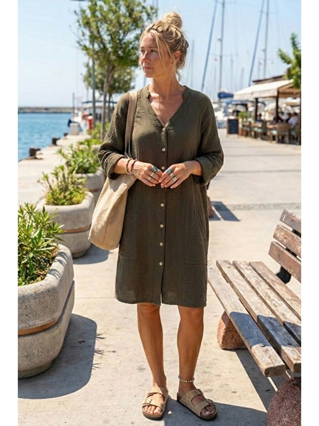 Haki Hakim Yaka Düğmeli 3/4 Kol Kanguru Cepli Casual Müslin Salaş Dokuma Elbise 102 67-2
