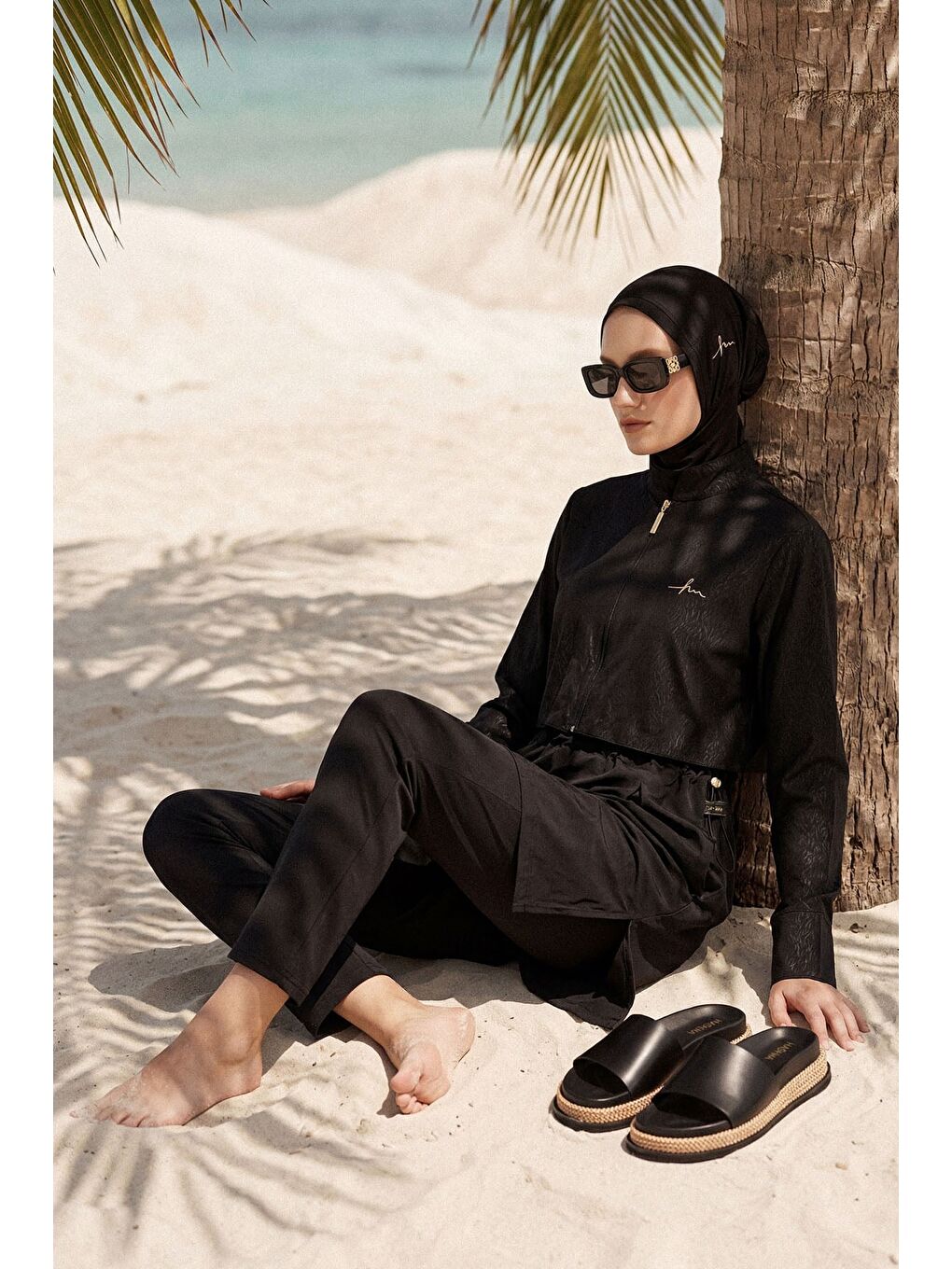 Vaha Koleksiyonu Dokulu Kumaş Siyah 5 Parça Tam Tesettür Mayo Takımı 5081-2