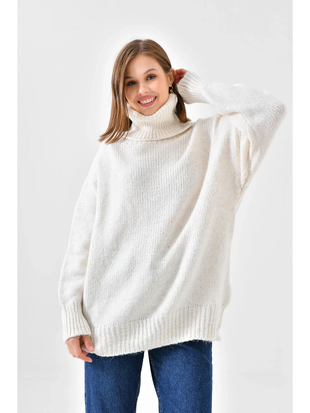 Ekru Kadın Balıkçı Yaka Kaşkorse Oversize Triko Tunik