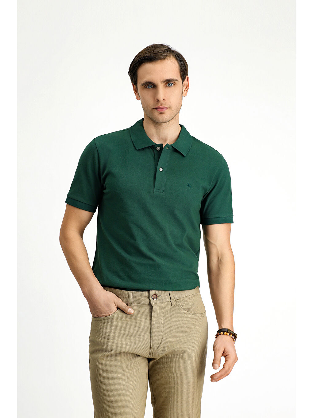 Yeşil Polo Yaka Slim Fit Dar Kesim Nakışlı Pamuk Tişört-1