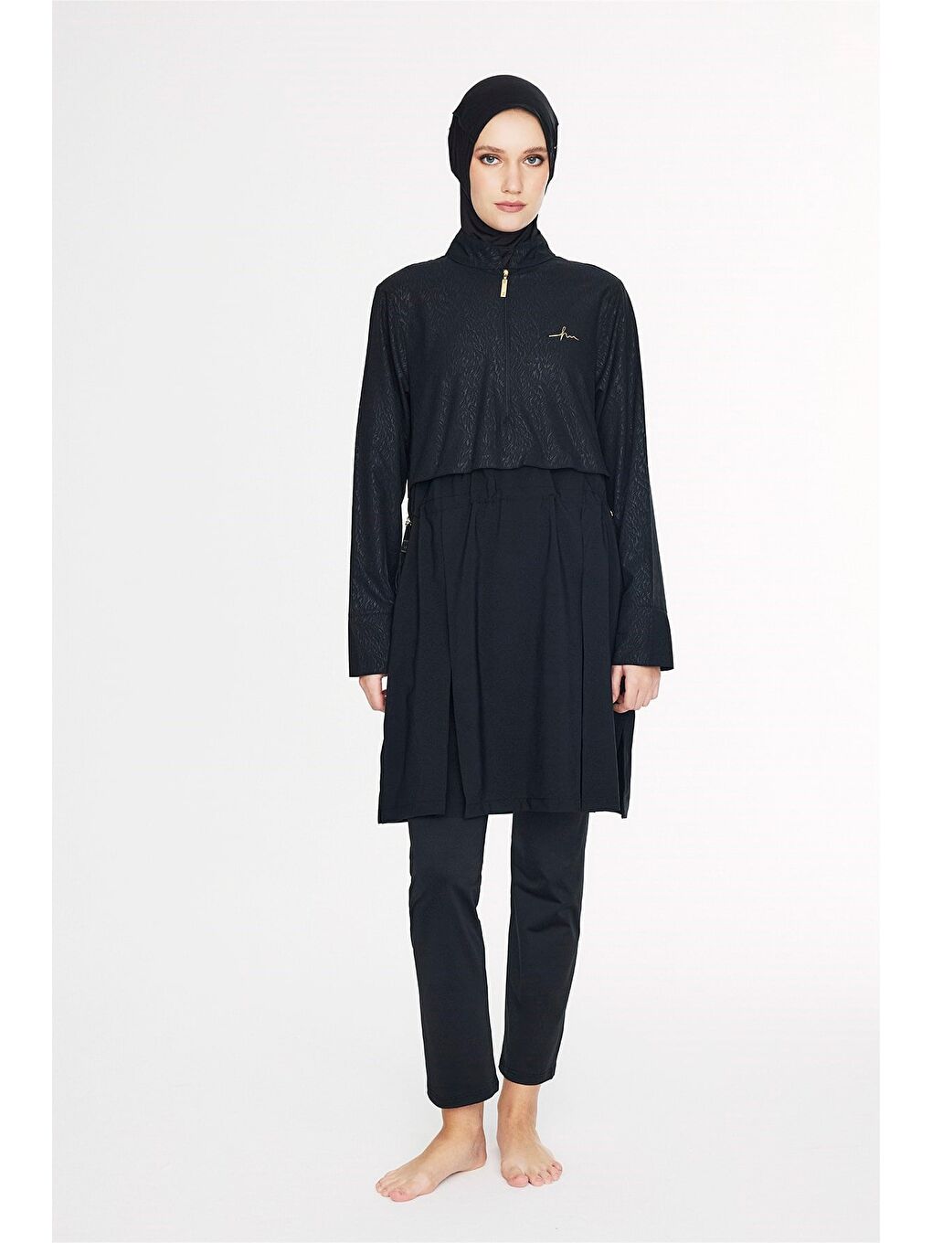 Vaha Koleksiyonu Dokulu Kumaş Siyah 5 Parça Tam Tesettür Mayo Takımı 5081-3