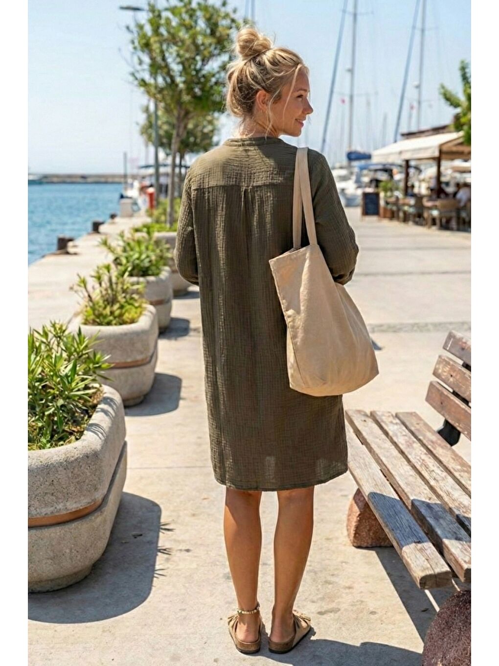 Haki Hakim Yaka Düğmeli 3/4 Kol Kanguru Cepli Casual Müslin Salaş Dokuma Elbise 102 67-3