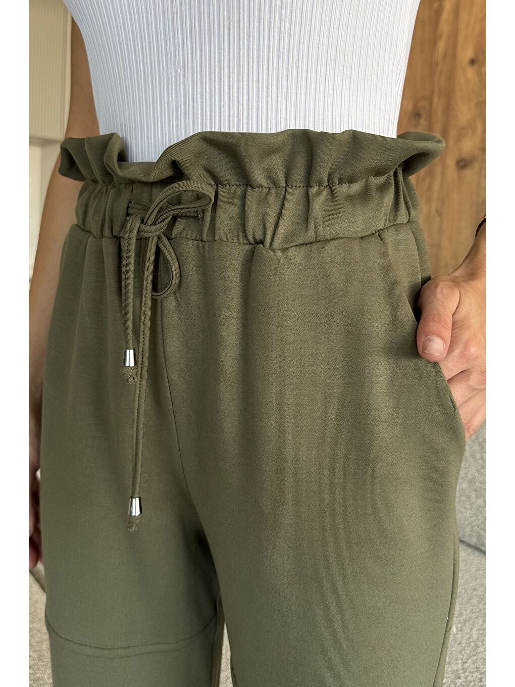 Haki Bel Ve Paça Lastikli Jogger Eşofman Altı-3