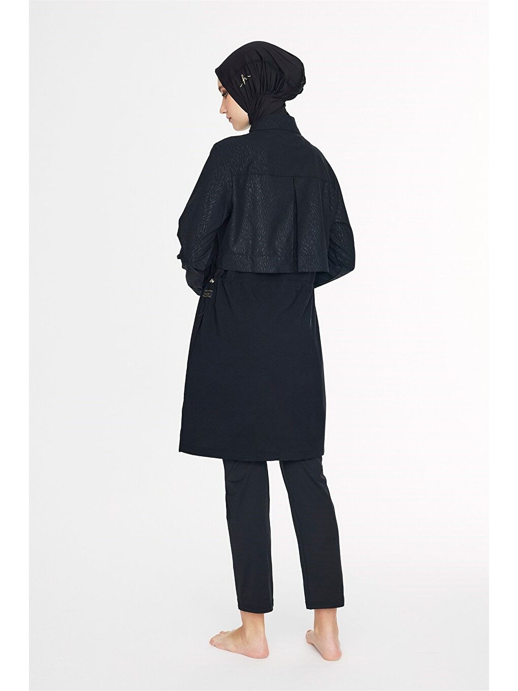 Vaha Koleksiyonu Dokulu Kumaş Siyah 5 Parça Tam Tesettür Mayo Takımı 5081-4