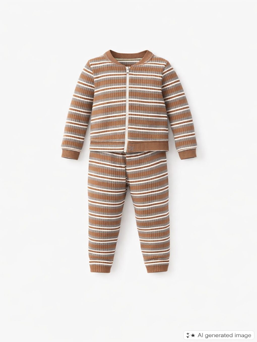 Kahverengi Unisex Çocuk Takımı Organik Pamuklu Şardonlu Kışlık Hırkalı Çizgili İkili Takım (1-5 Yaş)