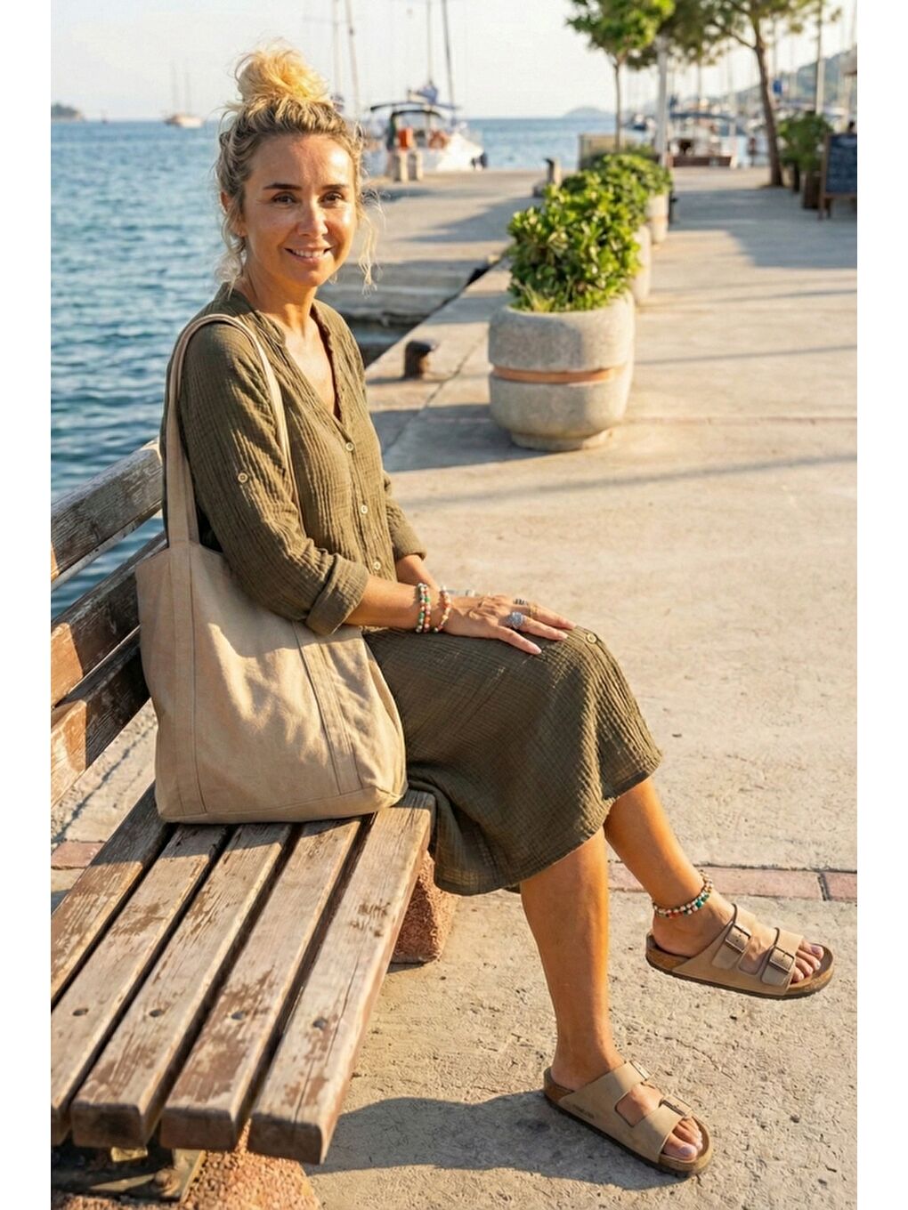 Haki Hakim Yaka Düğmeli 3/4 Kol Kanguru Cepli Casual Müslin Salaş Dokuma Elbise 102 67-4