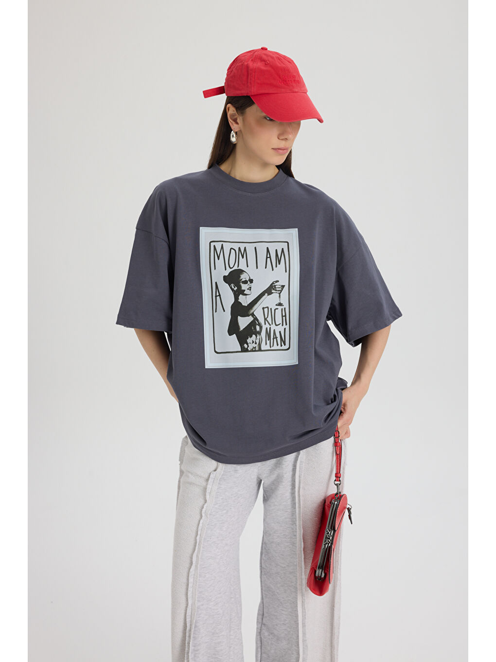Gri Rich Woman Oversize Füme T-Shirt