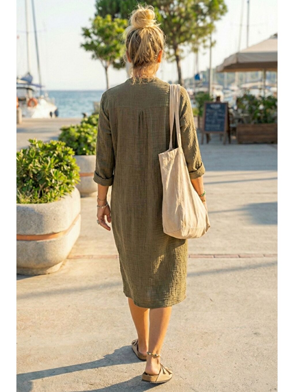Haki Hakim Yaka Düğmeli 3/4 Kol Kanguru Cepli Casual Müslin Salaş Dokuma Elbise 102 67-5