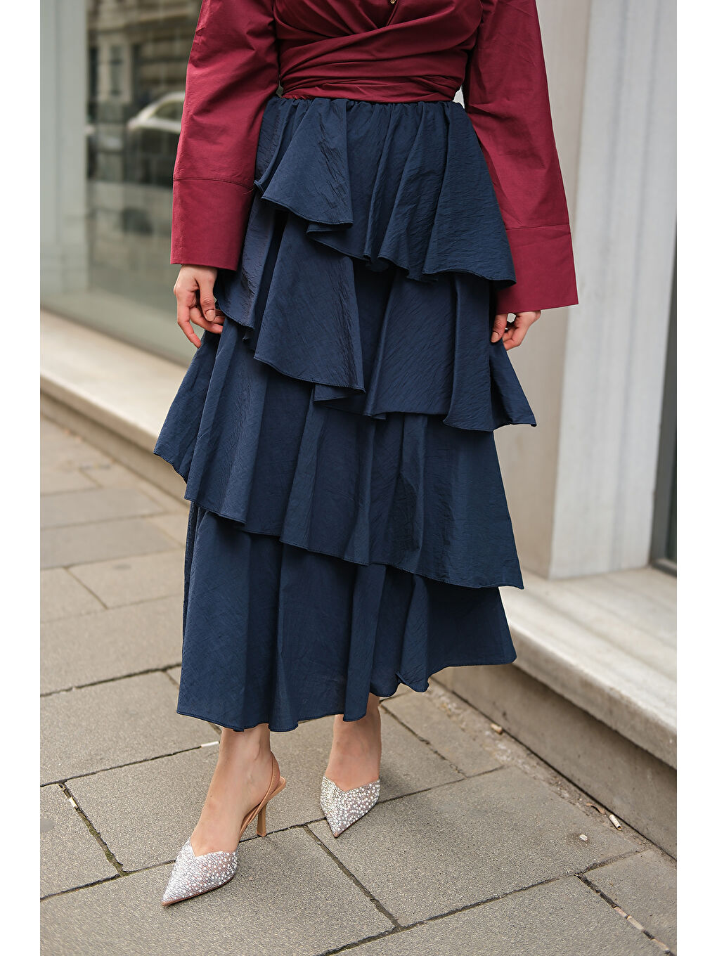 Kadın Kat Kat Valonlu Etek Lacivert-1