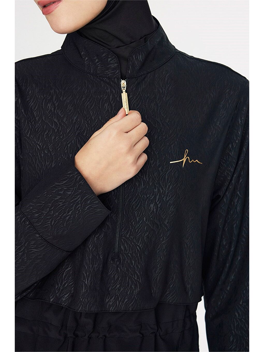 Vaha Koleksiyonu Dokulu Kumaş Siyah 5 Parça Tam Tesettür Mayo Takımı 5081-8