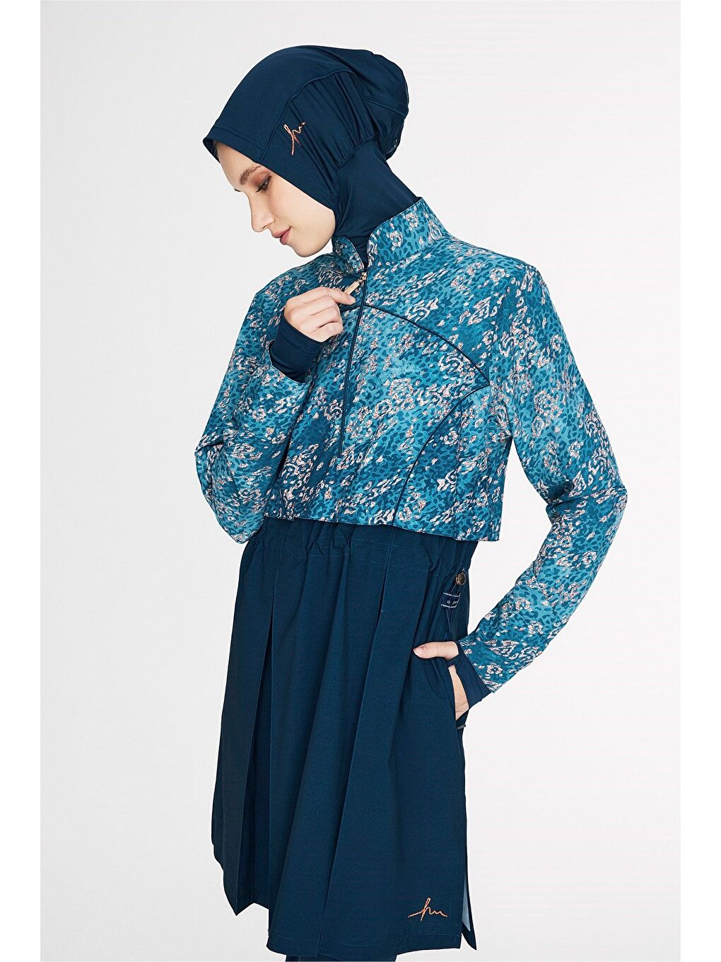 Petrol Vaha Koleksiyonu Desenli Lacivert 5 Parça Tam Tesettür Mayo Takımı 5088-6