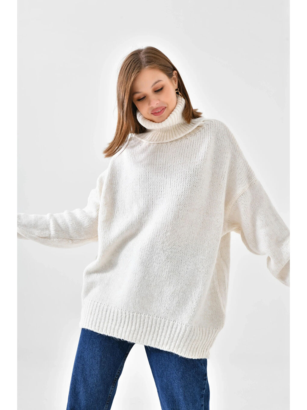 Ekru Kadın Balıkçı Yaka Kaşkorse Oversize Triko Tunik-2