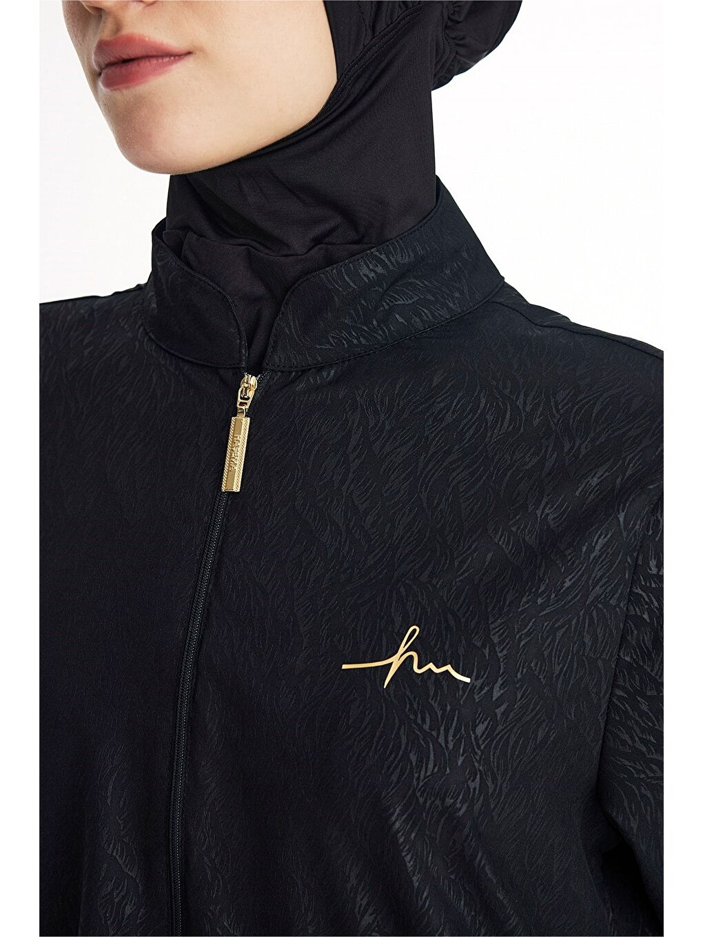 Vaha Koleksiyonu Dokulu Kumaş Siyah 5 Parça Tam Tesettür Mayo Takımı 5081-10