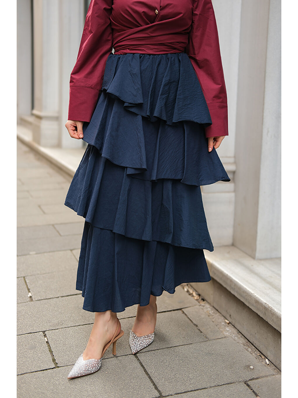 Kadın Kat Kat Valonlu Etek Lacivert-2