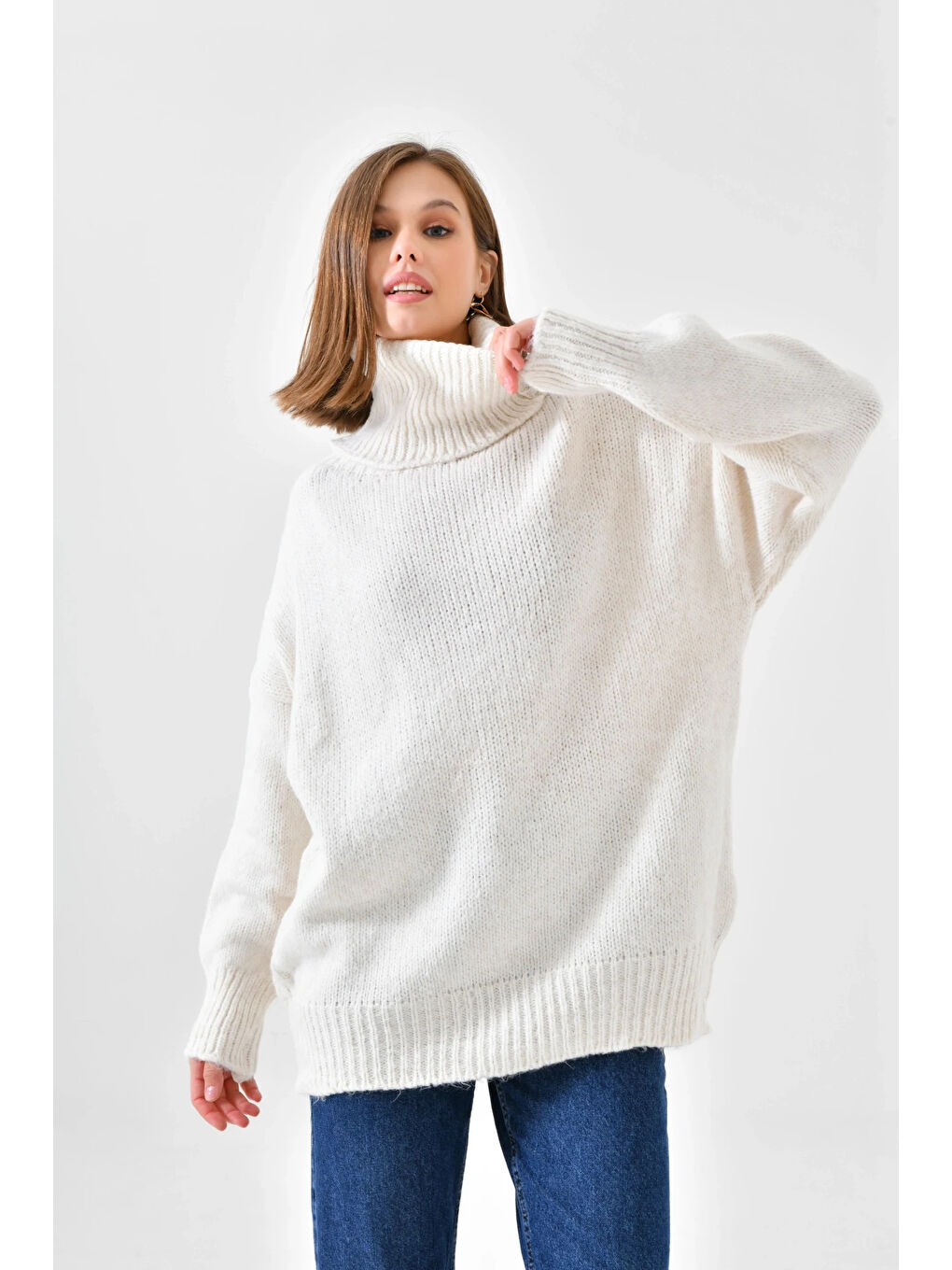 Ekru Kadın Balıkçı Yaka Kaşkorse Oversize Triko Tunik-3