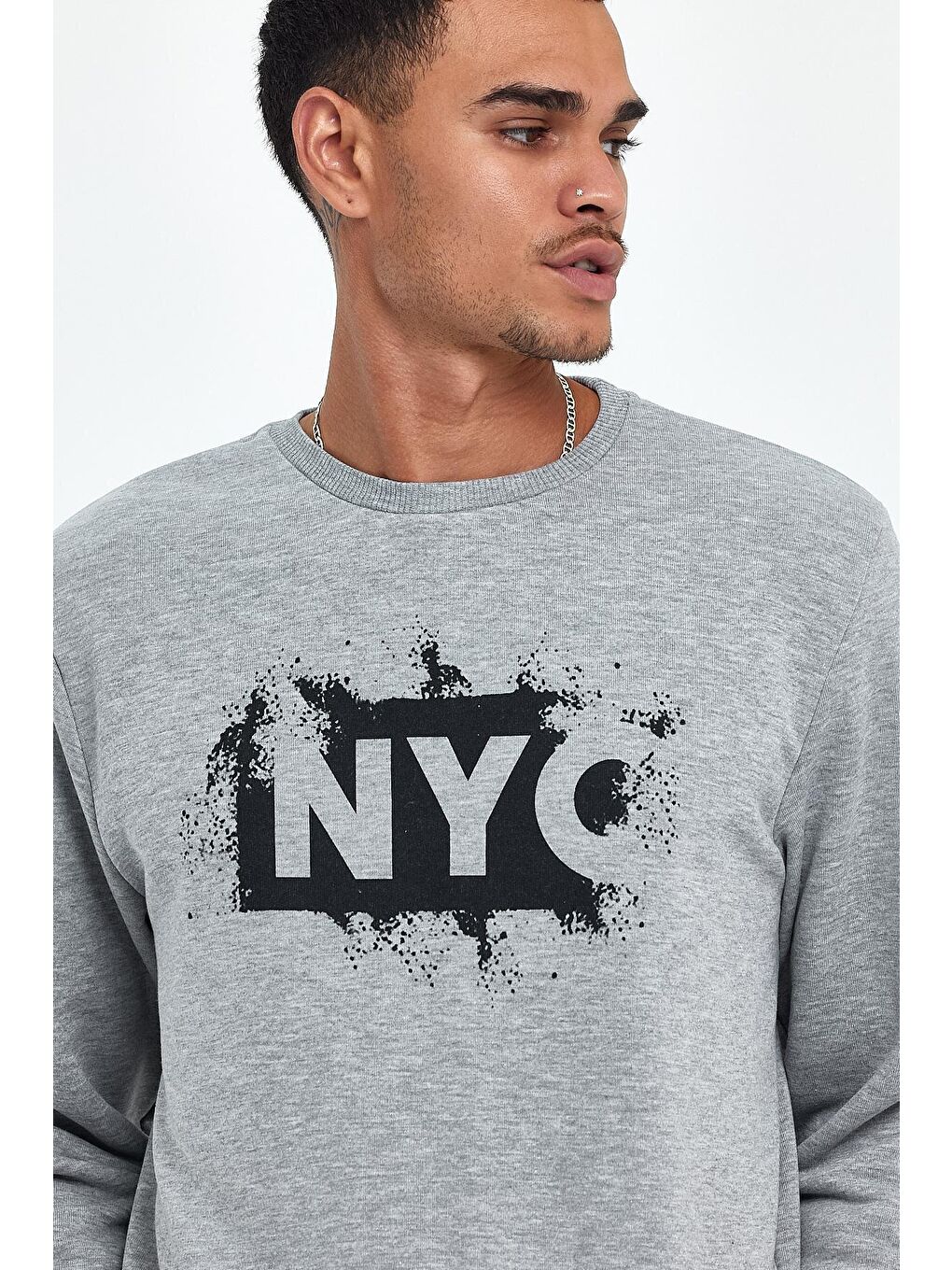 Gri Erkek Bisiklet Yaka Regular Fit 3 İplik Kalın NYC Baskılı Sweatshirt spr24sw24-2