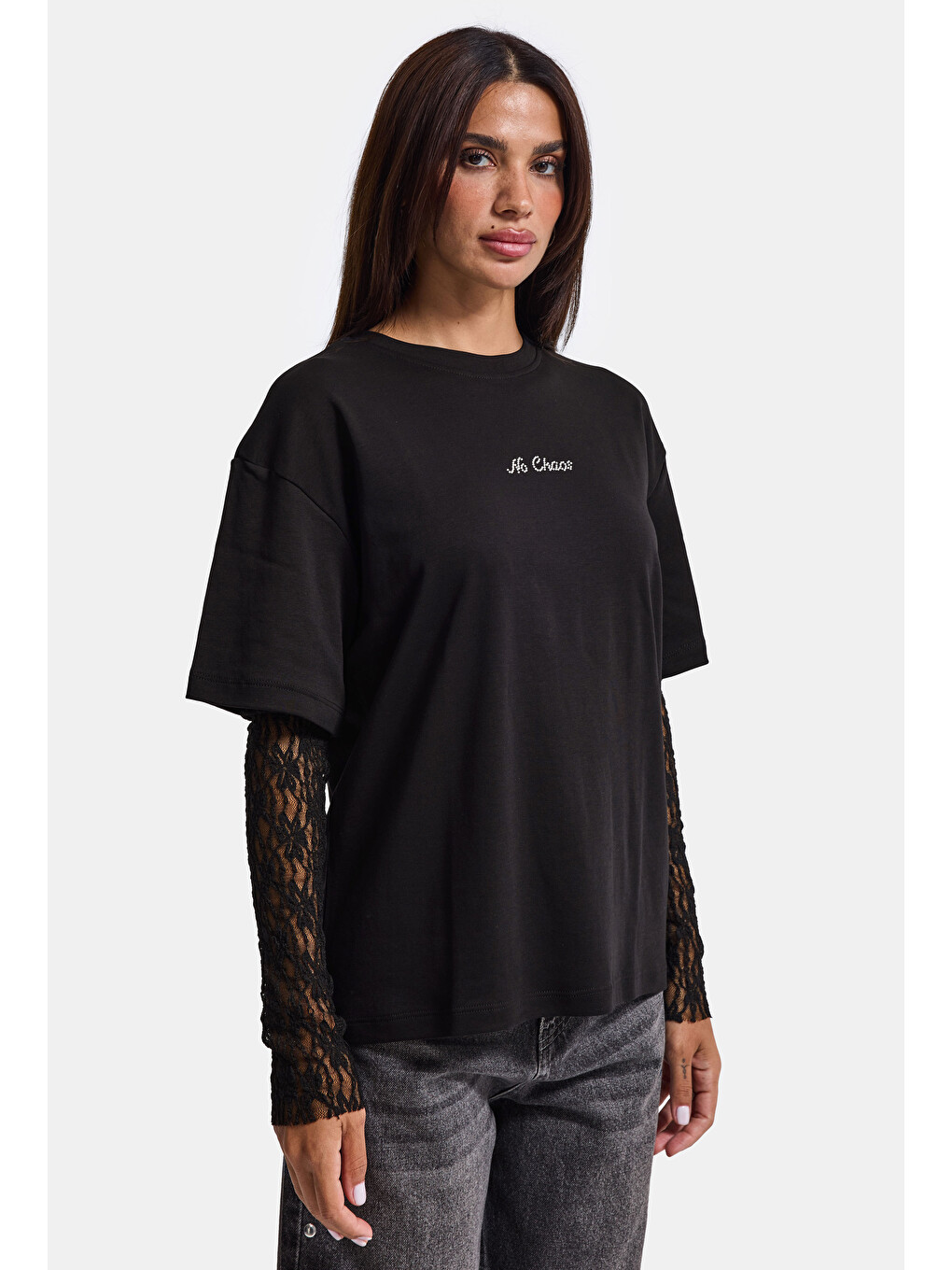 Kadın Siyah W6-1 Oversize Dantel Detaylı Uzun Kollu Tasarım T-shirt-3