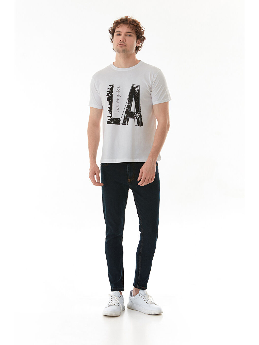 Beyaz Los Angeles Yazı Baskılı Bisiklet Yaka Tişört-2