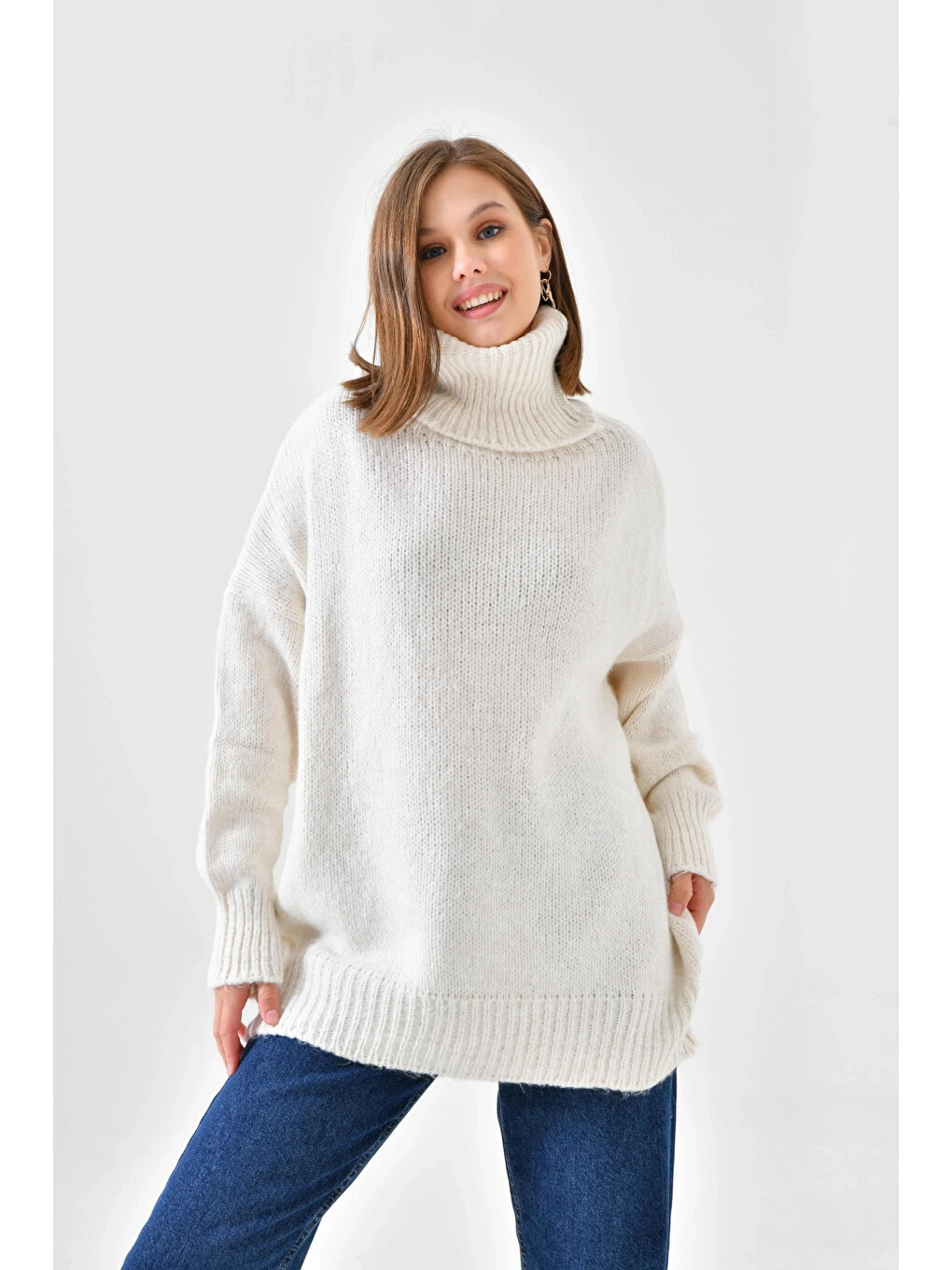 Ekru Kadın Balıkçı Yaka Kaşkorse Oversize Triko Tunik-4