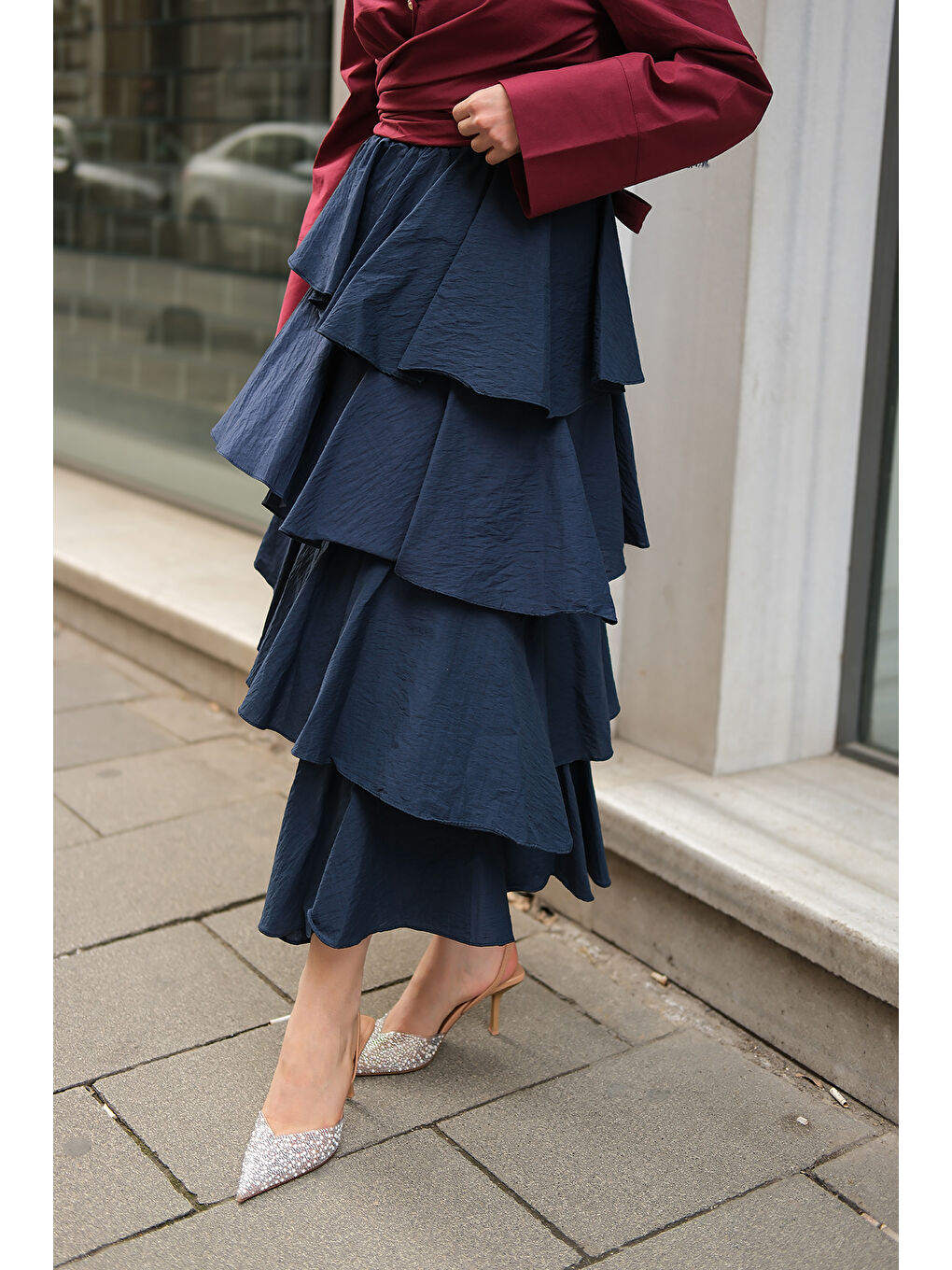 Kadın Kat Kat Valonlu Etek Lacivert-3