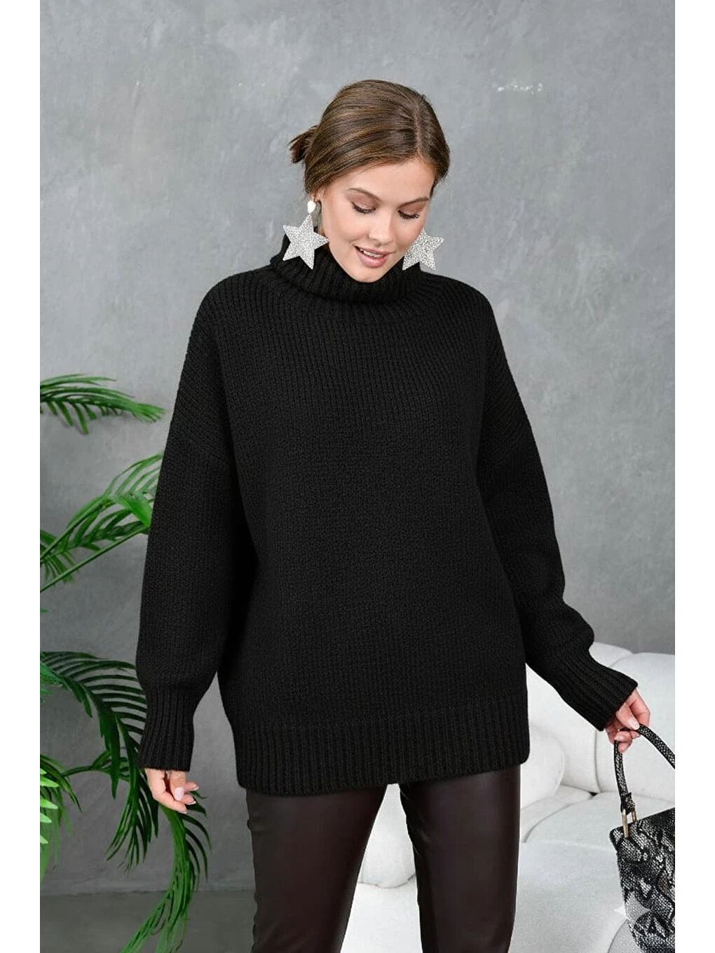 Siyah Kadın Balıkçı Yaka Kaşkorse Oversize Triko Tunik