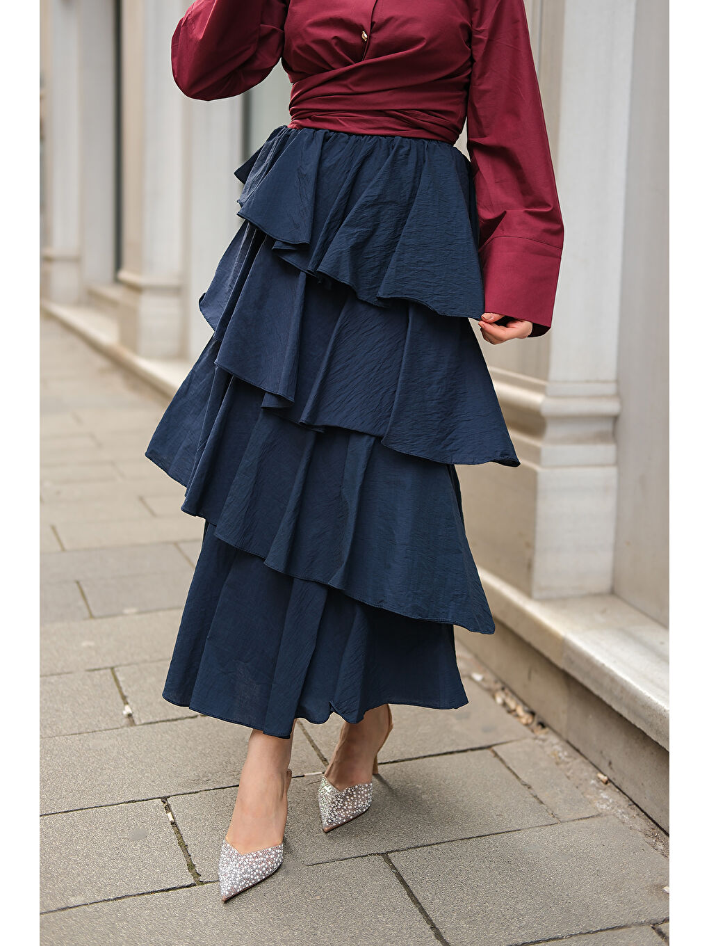 Kadın Kat Kat Valonlu Etek Lacivert-4