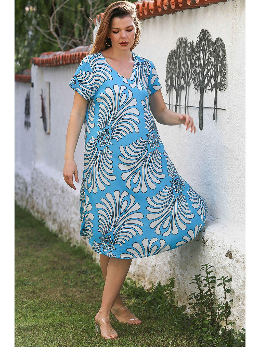 Açık Mavi V Yaka Düşük Kol Casual Viskon Dokuma Elbise 115 66