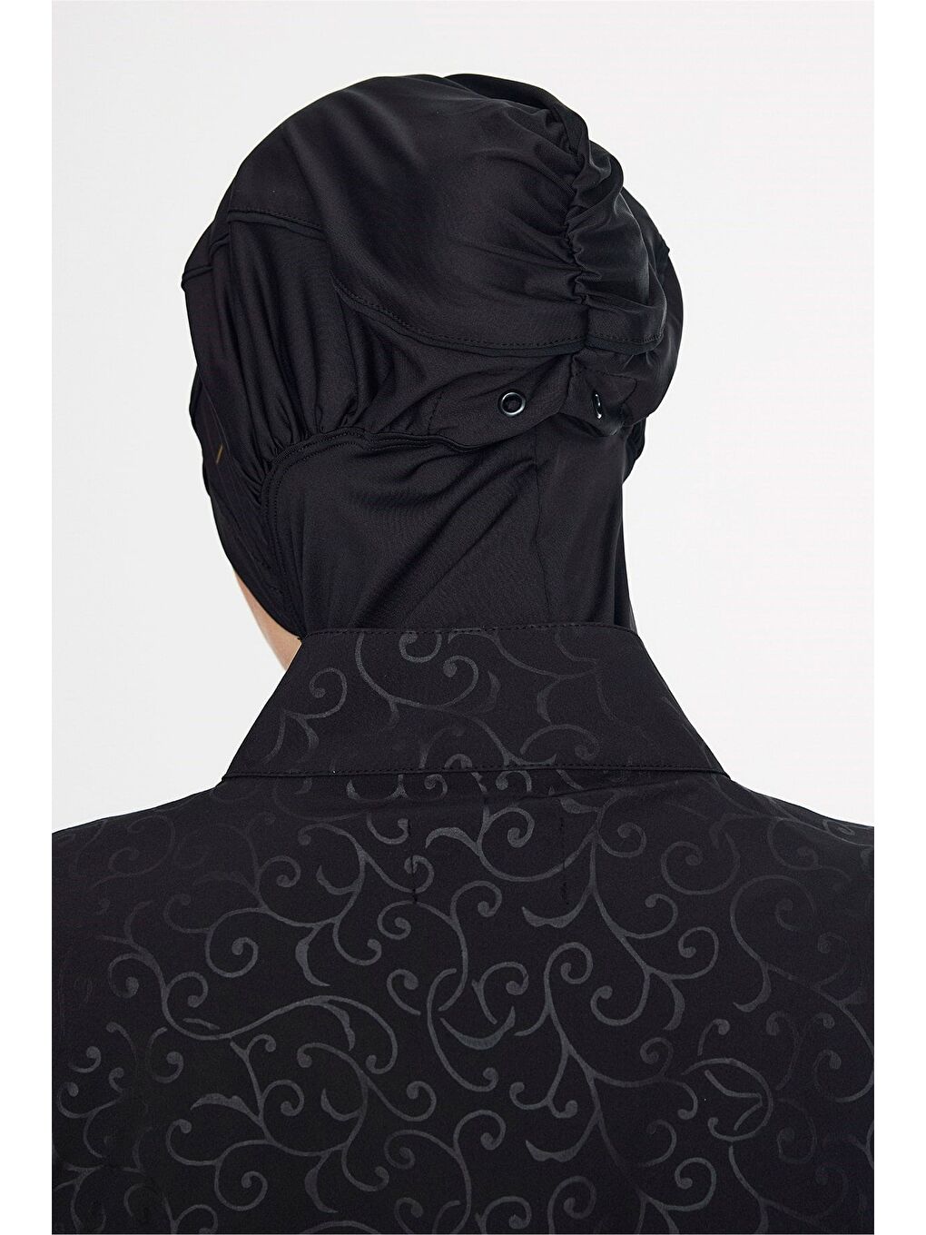 Vaha Koleksiyonu Dokulu Kumaş Nakışlı Siyah 5 Parça Tam Tesettür Mayo Takımı 5087-8